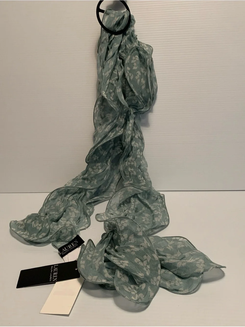 NWT Lauren Ralph Lauren Double Ruffle Scarf-Light Green; 100% Viscose